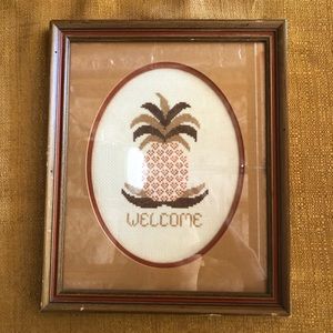 Vintage Welcome Stitched Pineapple Framed Wall Art